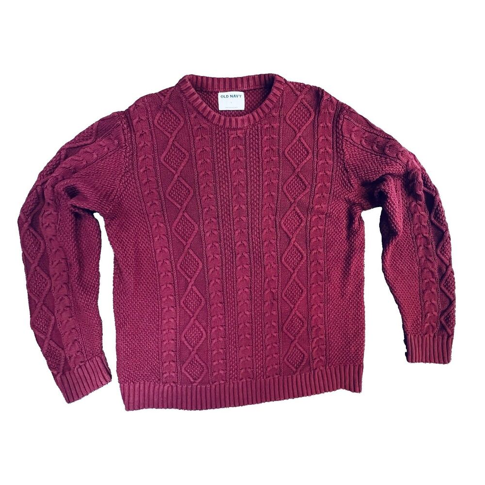 Old Navy Cotton Cable Knit Sweater Sz Large Burgundy Crewneck Fisherman Cozy